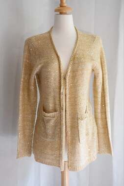 Sioni Glitter Gold Knit Long Sleeve Sweater Cardigan With Metal Chains Medium